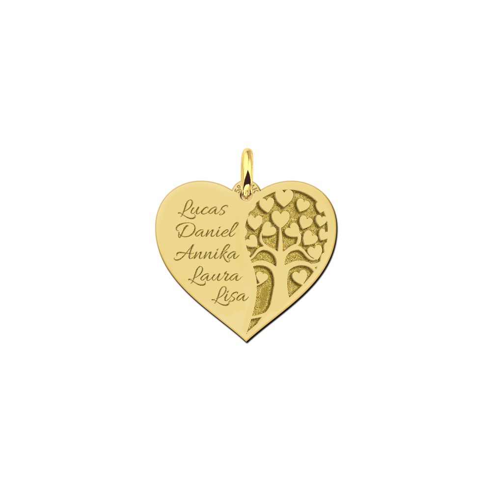 Gouden familieketting in hartvorm met levensboom en namen