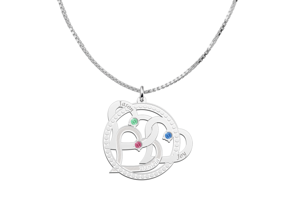  Silver birthstone pendant three hearts