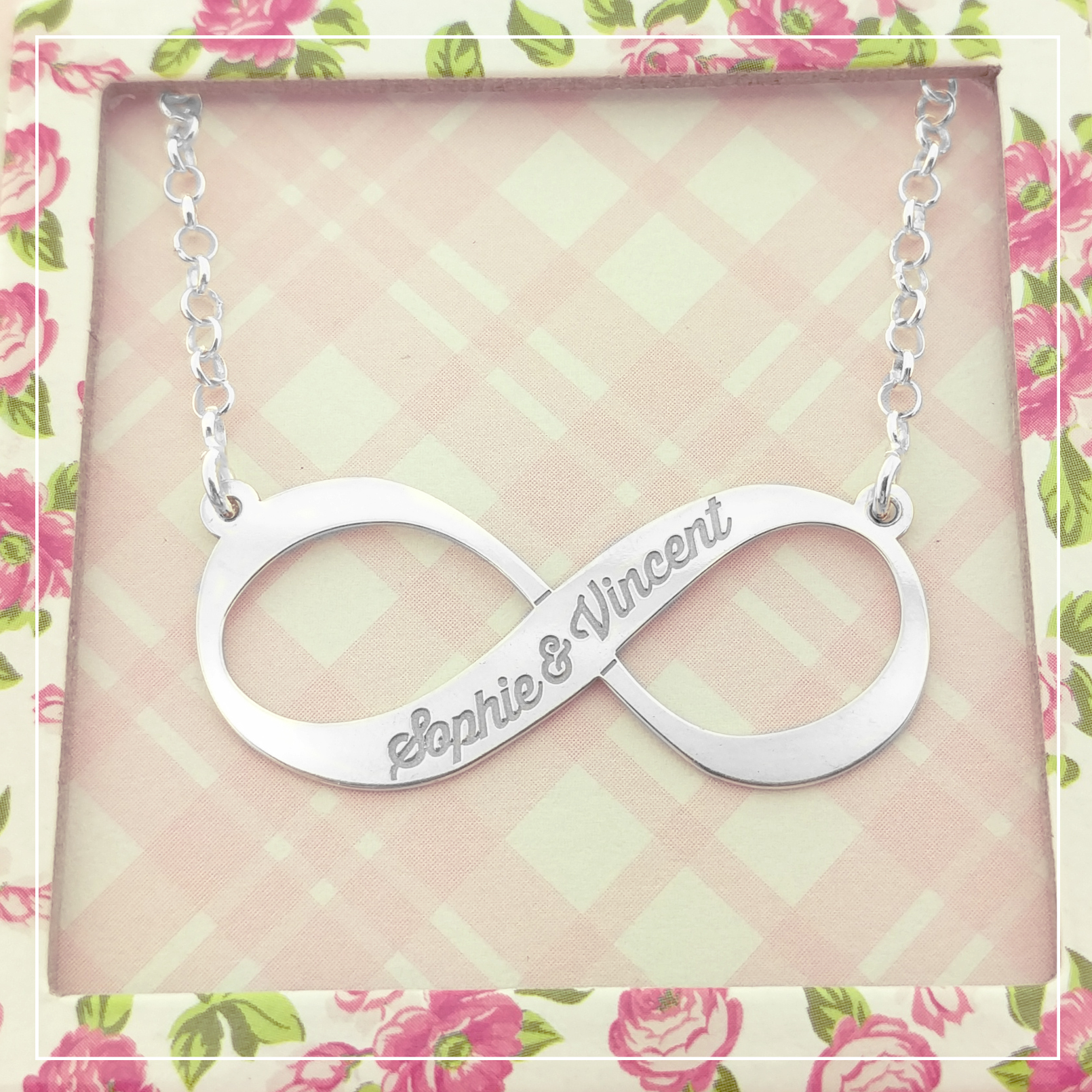 Silver infinity necklace“ alt=
